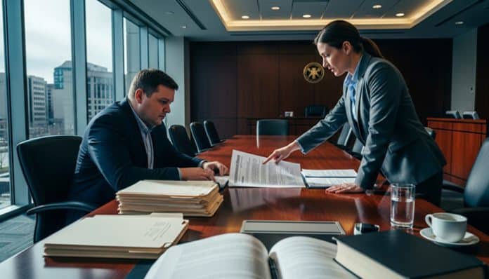 Lawyers discussing case details related to domestic violence charges in Utah, reviewing important legal documents.