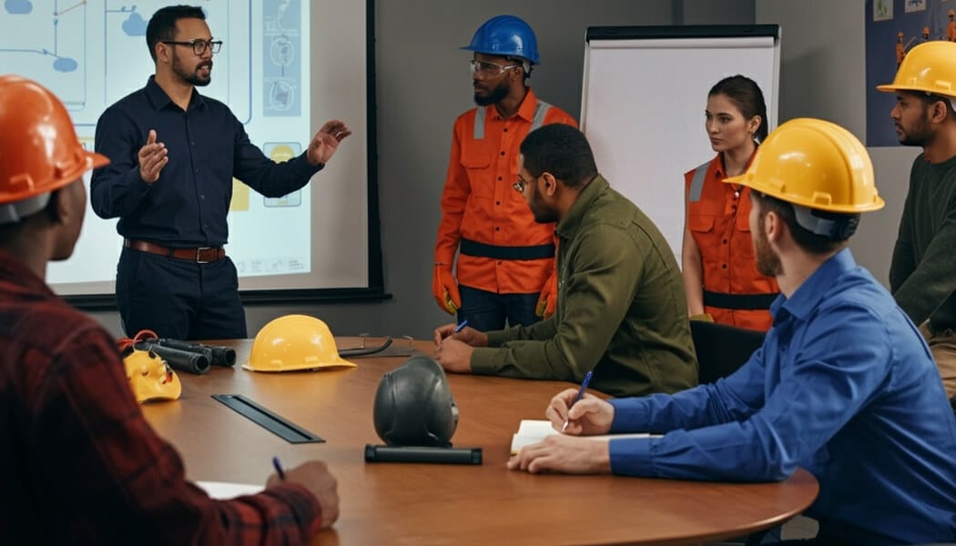 When Safety Training Misses the Real-World Work - Mylegalopinion - My Legal Opinion Workplace safety training in action, with a group of construction workers attending a session led by a male trainer, discussing safety measures and practices