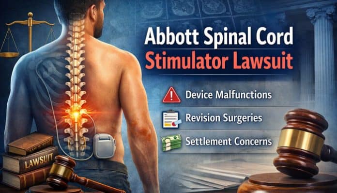 Abbott Spinal Cord Stimulator lawsuit infographic featuring device malfunctions, revision surgeries, and settlement concerns.