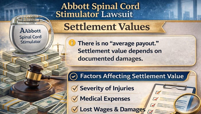 Abbott Spinal Cord Stimulator Lawsuit Settlement Values - My Legal Opinion - My Legal Opinion Abbott Spinal Cord Stimulator lawsuit infographic showing settlement values, factors affecting settlement including injury severity, medical expenses, and lost wages.