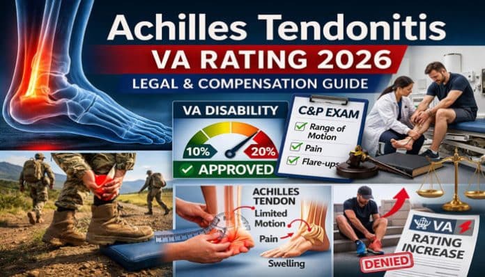 Achilles Tendonitis VA Rating 2026 legal & compensation guide, showing medical exam process, VA disability approval, rating scale, and symptoms including pain, swelling, and limited motion in the Achilles tendon.