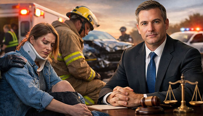 Advocating for Victims and Preventing Future Accidents - My Legal Opinion - My Legal Opinion Image featuring a KFB Law personal injury attorney with a woman injured in a car accident, emergency responders, and legal symbols, symbolizing dedicated legal support for accident victims.