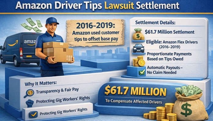 Amazon Driver Tips Lawsuit Settlement infographic highlighting the $61.7 million settlement for Amazon Flex drivers, with key details about compensation and impacted years (2016-2019).
