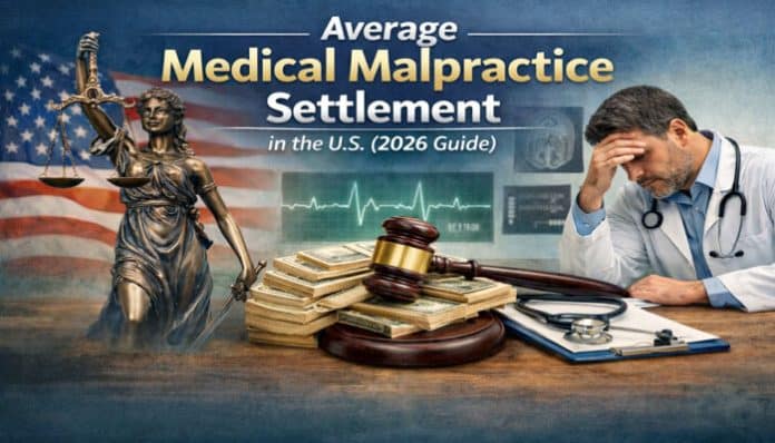 Image showing a digital composite for Average Medical Malpractice Settlement in the U.S. (2026 Guide), featuring Lady Justice holding scales, a distressed doctor, stacks of money, a gavel, and an ECG monitor, all representing the complexity and severity of medical malpractice claims.
