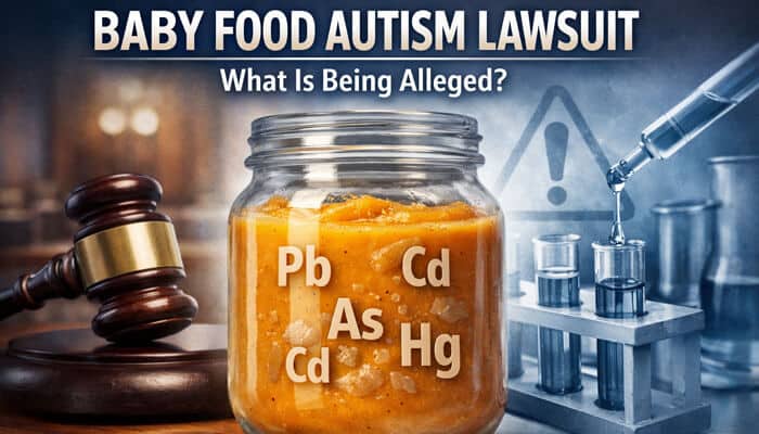 Baby Food Autism Lawsuit - My Legal Opinion - My Legal Opinion Content image for Baby Food Lawsuit showing a jar of baby food labeled with heavy metals (Pb, As, Cd, Hg), a judge’s gavel, and laboratory testing equipment under the heading “Baby Food Autism Lawsuit – What Is Being Alleged?” indicating legal claims over toxic contamination.