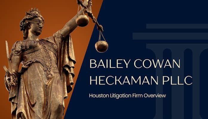 Bailey Cowan Heckaman PLLC Houston litigation firm feature image with Lady Justice statue and law-themed background