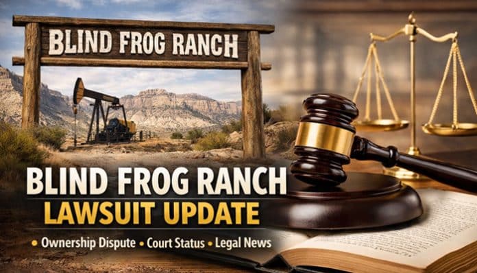 Blind Frog Ranch Lawsuit Update: Ownership Dispute, Court Status, and Legal News with gavel and legal scales in front of the ranch.