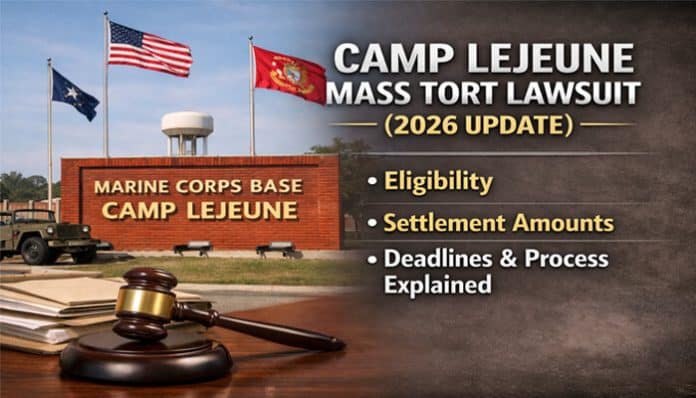 Camp Lejeune Mass Tort Lawsuit 2026 update, featuring the iconic entrance sign at Marine Corps Base Camp Lejeune along with legal details on eligibility, settlement amounts, deadlines, and process.