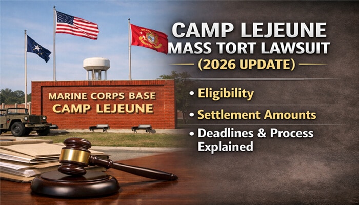 Camp Lejeune Mass Tort Lawsuit 2026 update, featuring the iconic entrance sign at Marine Corps Base Camp Lejeune along with legal details on eligibility, settlement amounts, deadlines, and process.