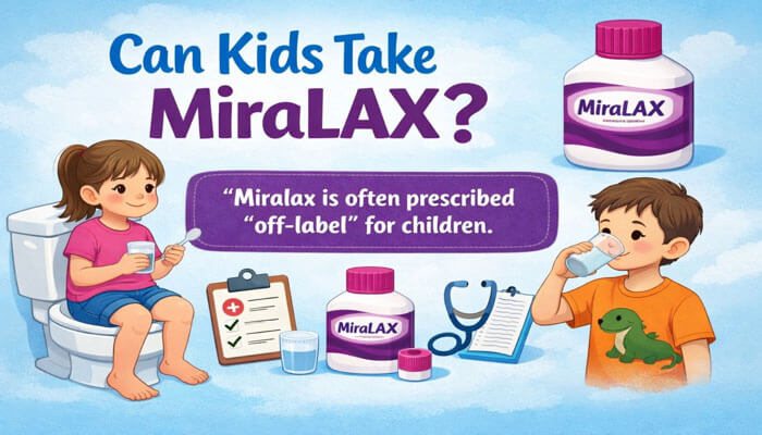 Can Kids Take Miralax - My Legal Opinion - My Legal Opinion Illustration of two children using MiraLAX, with one child drinking it and the other sitting on the toilet. The text 'Can Kids Take MiraLAX?' is displayed, with a note stating, 'MiraLAX is often prescribed "off-label" for children.' The image is related to the Miralax lawsuit, highlighting potential concerns regarding its use in children.