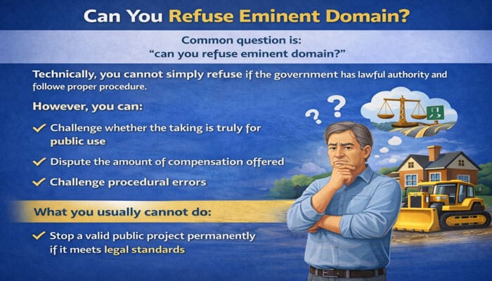 Can You Refuse Eminent Domain - My Legal Opinion - My Legal Opinion Infographic titled “Can You Refuse Eminent Domain?” explaining that property owners generally cannot refuse if the government follows lawful authority and procedure, but they can challenge public use, dispute compensation, and raise procedural errors, with visuals of a concerned homeowner, construction equipment, and legal symbols.