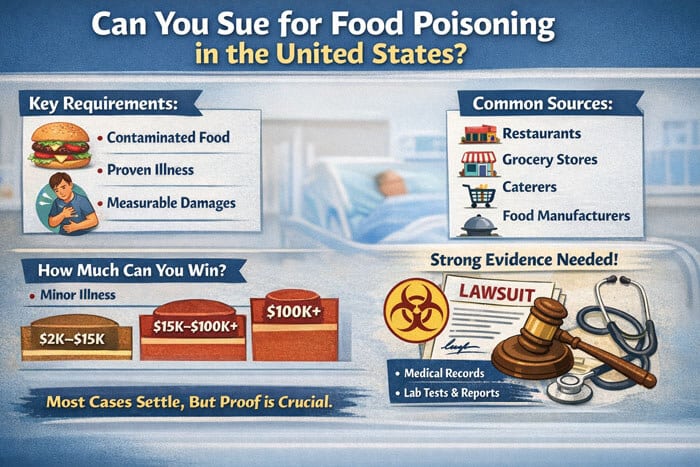 Can You Sue for Food Poisoning in the United States - My Legal Opinion - My Legal Opinion Food poisoning lawsuit: Titled “Can You Sue for Food Poisoning in the United States?” showing key requirements, common sources, settlement ranges, and evidence needed for a lawsuit.
