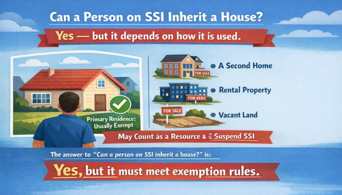 Can a Person on SSI Inherit a House - My Legal Opinion - My Legal Opinion SSDI Inheritance Rules: The graphic explains whether a person on SSI can inherit a house. It shows that a primary residence is usually exempt, but a second home, rental property, or vacant land may count as a resource and potentially suspend SSI benefits. The image features a visual breakdown with a checkmark for primary residence and symbols for other property types, emphasizing the need to meet exemption rules.
