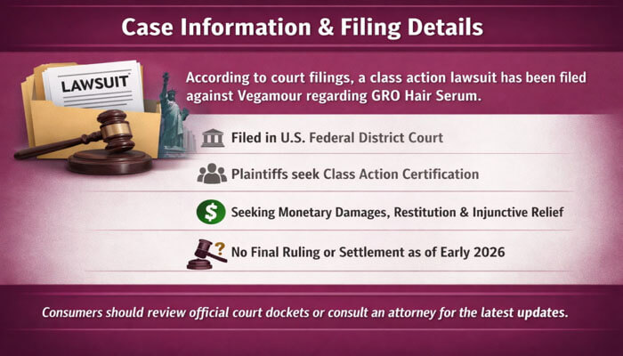 Case Information amp Filing Details - My Legal Opinion - My Legal Opinion Infographic detailing the Vegamour Lawsuit, showing case information and filing details, including federal court filing, class action certification, claims for monetary damages, and no final ruling as of early 2026.