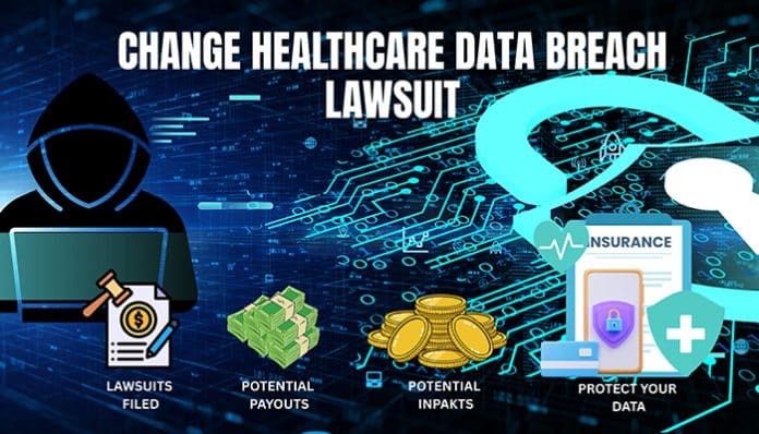 Change Healthcare Data Breach Lawsuit feature image showing a hacker silhouette, digital data background, insurance and medical icons, and graphics representing lawsuits, financial impact, and data protection.