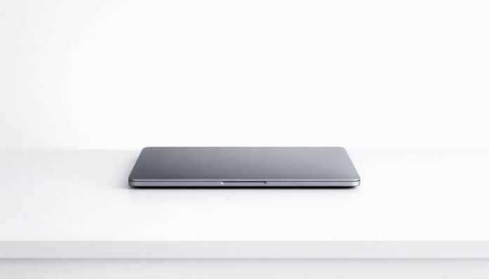 Minimal laptop placed on a desk representing a secure and modern file sharing solution for businesses