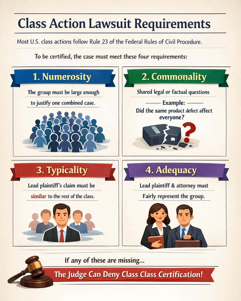 Class Action Lawsuit Requirements - My Legal Opinion - My Legal Opinion Infographic on How Many People Are Required for a Class Action Lawsuit and Rule 23 class certification requirements.