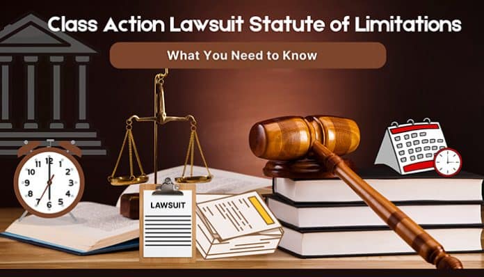 Class Action Lawsuit Statute of Limitations concept image with gavel, legal books, courthouse columns, scales of justice, lawsuit document, and deadline calendar.