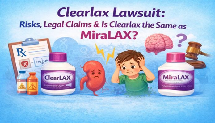 Clearlax Lawsuit: Risks, Legal Claims, and Questions About Whether Clearlax is the Same as MiraLAX. Image showing Clearlax and MiraLAX bottles with a child experiencing symptoms, including a brain and kidney illustration.
