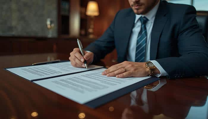 Contract Drafting and Negotiation by a Business Attorney - My Legal Opinion - My Legal Opinion Why Every Entrepreneur Needs a Business Attorney: A business attorney signing important legal documents in an office, ensuring the business's legal obligations are met.