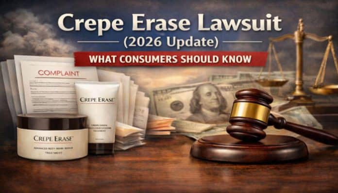 Crepe Erase Lawsuit (2026 Update) - What Consumers Should Know, highlighting key complaints, product images, and legal symbols, including a gavel, complaint papers, and money.