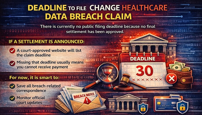 Deadline to File a Change Healthcare Data Breach Claim - My Legal Opinion - My Legal Opinion Change Healthcare Data Breach Lawsuit feature image about claim filing deadlines, showing a calendar marked deadline, courthouse graphics, breach notice documents, and legal symbols related to settlement claims.