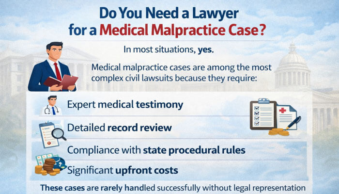 Do You Need a Lawyer for a Medical Malpractice Case - My Legal Opinion - My Legal Opinion Infographic highlighting the importance of hiring a lawyer for a medical malpractice settlement case, focusing on expert testimony, record review, state procedural compliance, and upfront costs.