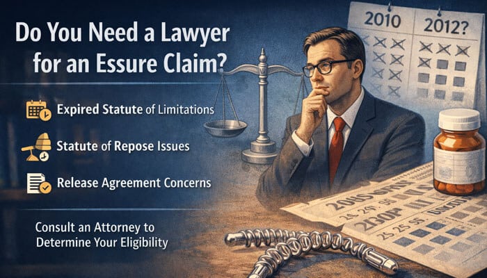 Do You Need a Lawyer for an Essure Claim - My Legal Opinion - My Legal Opinion Do you need a lawyer for an Essure claim? Illustration of attorney with scales of justice, calendar dates, statute of limitations, statute of repose, and release agreement concerns for Essure lawsuit eligibility.