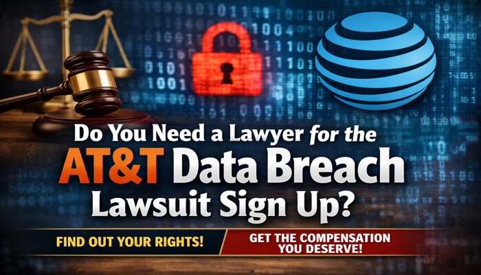 Do You Need a Lawyer for the ATT Data Breach Lawsuit Sign Up -mylegalopinion - My Legal Opinion Promotional image asking if you need a lawyer for the AT&T Data Breach lawsuit, with a lock symbol, AT&T logo, and a gavel in the background, urging individuals to find out their rights and get compensation.