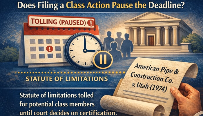 Does Filing a Class Action Pause the Deadline - My Legal Opinion - My Legal Opinion Does Filing a Class Action Pause the Deadline image showing tolling concept with calendar, clock, courthouse, and American Pipe v. Utah (1974) decision document.