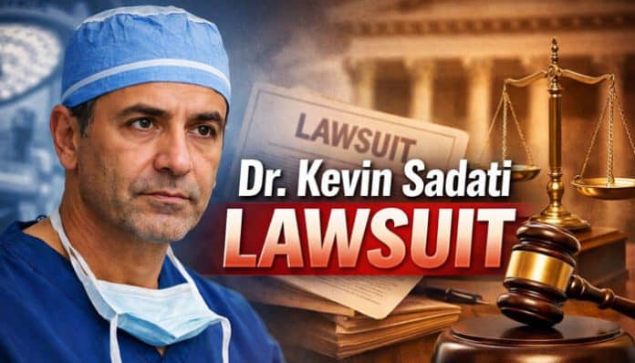 Dr. Kevin Sadati Lawsuit featuring a surgeon in scrubs and a legal gavel in the background