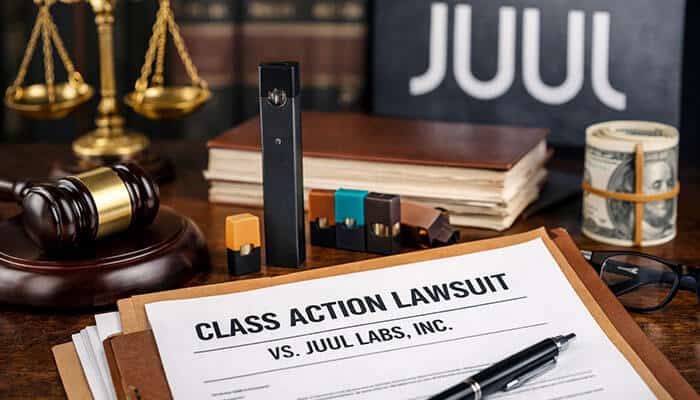 Filing a Class Action Lawsuit Against JUUL - My Legal Opinion - My Legal Opinion JUUL Class Action Lawsuit: Documents showing the lawsuit against JUUL Labs, with JUUL devices and legal paperwork emphasizing the legal battle and claims against the company.