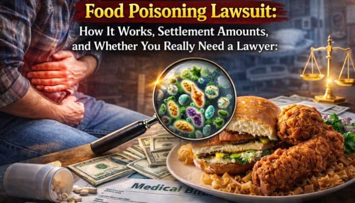 Food poisoning lawsuit concept with sick person holding stomach, medical bills, cash, scales of justice, and contaminated fast food illustration.