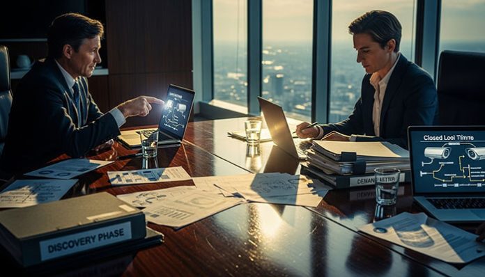 Lawyers working through the discovery phase of a Civil Personal Injury Lawsuit Process, reviewing documents and evidence to build a strong case.