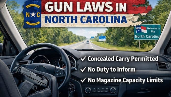 Gun laws In North Carolina In Car Rules for Concealed Carry and No Magazine Capacity Limits, displayed inside a car with North Carolina road sign.