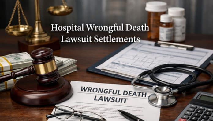Hospital Wrongful Death Lawsuit Settlements concept showing gavel, medical records, stethoscope, settlement paperwork, and cash on a lawyer’s desk