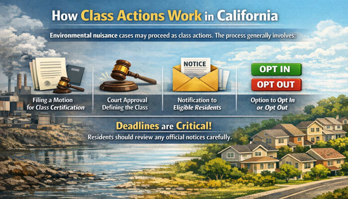How Class Actions Work in California - My Legal Opinion - My Legal Opinion Step-by-step process of how class actions work in California, including class certification, court approval, resident notifications, and the critical importance of reviewing official notices for environmental nuisance cases.