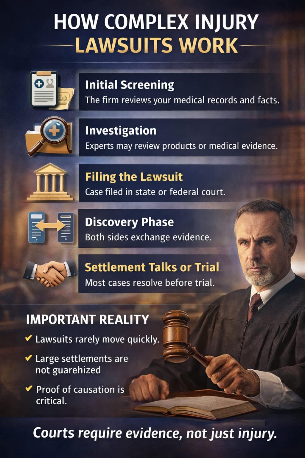 How Do Complex Injury Lawsuits Actually Work - My Legal Opinion - My Legal Opinion Bailey Cowan Heckaman PLLC infographic showing complex injury lawsuit stages and need for proof of causation.