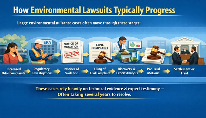 How Environmental Lawsuits Typically Progress - My Legal Opinion - My Legal Opinion Overview of how environmental lawsuits progress, including stages like odor complaints, regulatory investigations, civil complaints, and trial procedures, relevant to the Sunshine Canyon Landfill case.