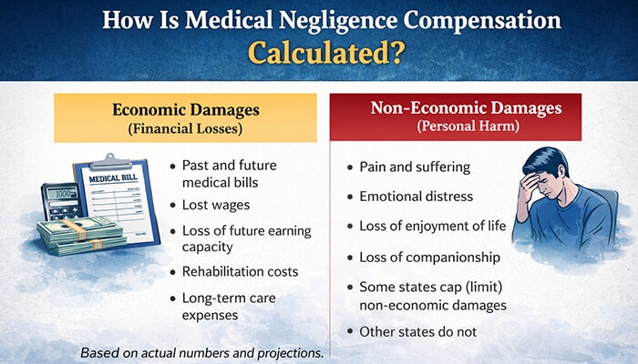 How Is Medical Negligence Compensation Calculated - My Legal Opinion - My Legal Opinion Infographic explaining how much compensation for medical negligence is calculated, including economic damages like medical bills and non-economic damages like pain and suffering.