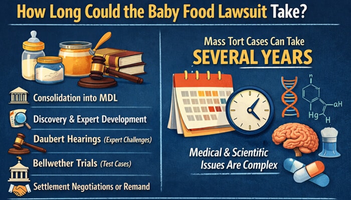 How Long Could the Baby Food Lawsuit Take - My Legal Opinion - My Legal Opinion Content image for Baby Food Lawsuit titled “How Long Could the Baby Food Lawsuit Take?” showing a legal timeline with steps like MDL consolidation, discovery, Daubert hearings, bellwether trials, settlement negotiations, and noting mass tort cases can take several years due to complex medical and scientific issues.