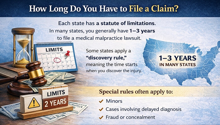 How Long Do You Have to File a Claim - My Legal Opinion - My Legal Opinion Visual guide related to how much compensation for medical negligence and the time limits to file a claim, including statute of limitations and discovery rule.