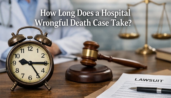 How Long Does a Hospital Wrongful Death Case Take-mylegalopinion - My Legal Opinion Hospital Wrongful Death Lawsuit Settlements timeline concept with clock, judge gavel, lawsuit documents, and doctor in background
