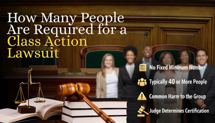 How Many People Are Required for a Class Action Lawsuit, featuring a courtroom scene with a judge's gavel, legal books, and a diverse group of people. Key points: No fixed minimum, typically 40+ people, common harm, and judge certification