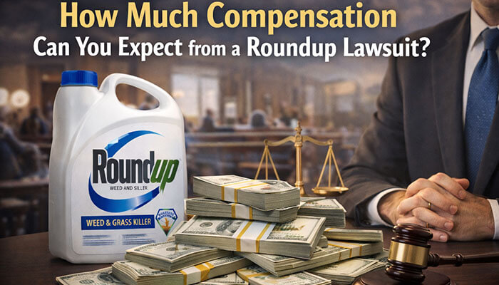 How Much Compensation Can You Expect from a Roundup Lawsuit - My Legal Opinion - My Legal Opinion Roundup Lawsuit Lawyer: How much compensation can you expect from a Roundup lawsuit? Featuring a Roundup bottle, stacks of money, and a gavel in a legal setting.