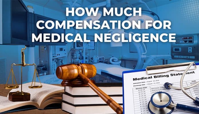 how much compensation for medical negligence, showing a courtroom setting with a judge’s gavel, law books, medical billing documents, stethoscope, and a hospital room background symbolizing legal claims and healthcare malpractice cases.