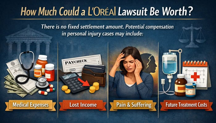 How Much Could a LOréal Lawsuit Be Worth - My Legal Opinion - My Legal Opinion “L’Oréal Lawsuit 2026 Update” showing hair relaxer and hair dye products, a judge’s gavel, hazard symbols for benzene and cancer risk, and labels mentioning allergic reactions, FDA warnings, and class action claims.
