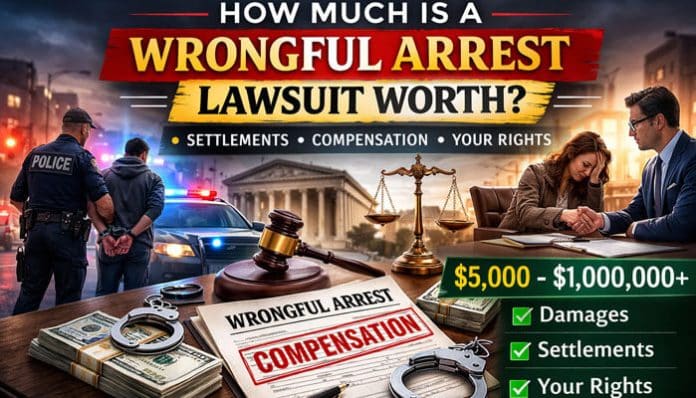 Titled 'How Much Is a Wrongful Arrest Lawsuit Worth?' showing police, court documents, and legal symbols, with settlement ranges from $5,000 to $1,000,000+.