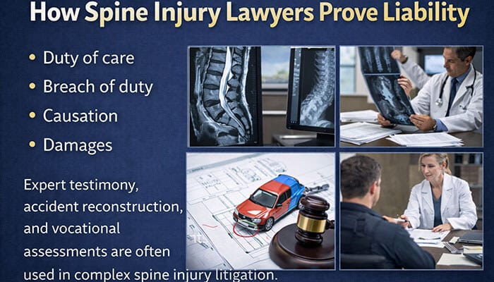 How Spine Injury Lawyers Prove Liability - My Legal Opinion - My Legal Opinion How Spine Injury Lawyers Prove Liability: Key legal steps including duty of care, breach of duty, causation, and damages, with supporting medical and legal images.