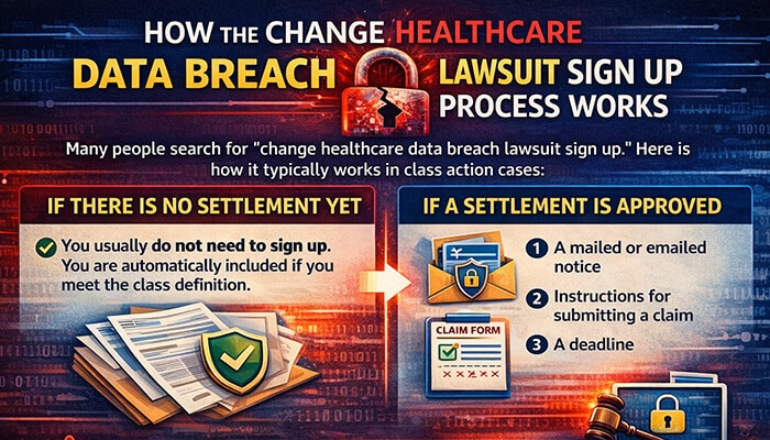 How the Change Healthcare Data Breach Lawsuit Sign Up Process Works - My Legal Opinion - My Legal Opinion Change Healthcare Data Breach Lawsuit feature image explaining the class action sign-up process, showing steps for no settlement and settlement approval with notice, claim form, and deadline icons.
